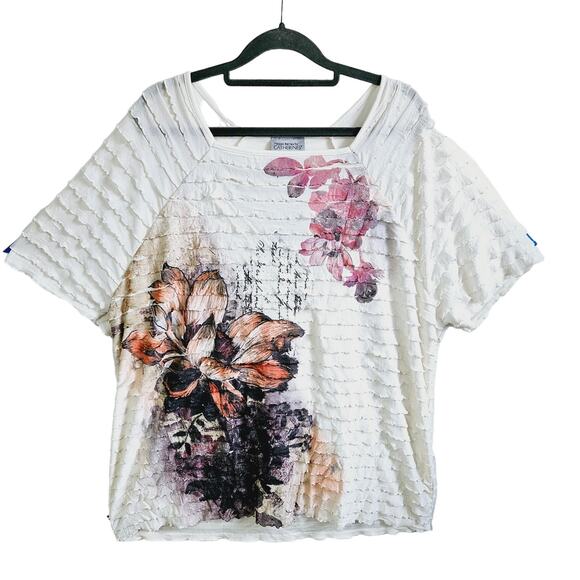 Maggie Barnes For Catherines Womens 1X Tiered Ruffle Watercolor Floral Tee Shirt - Picture 1 of 7